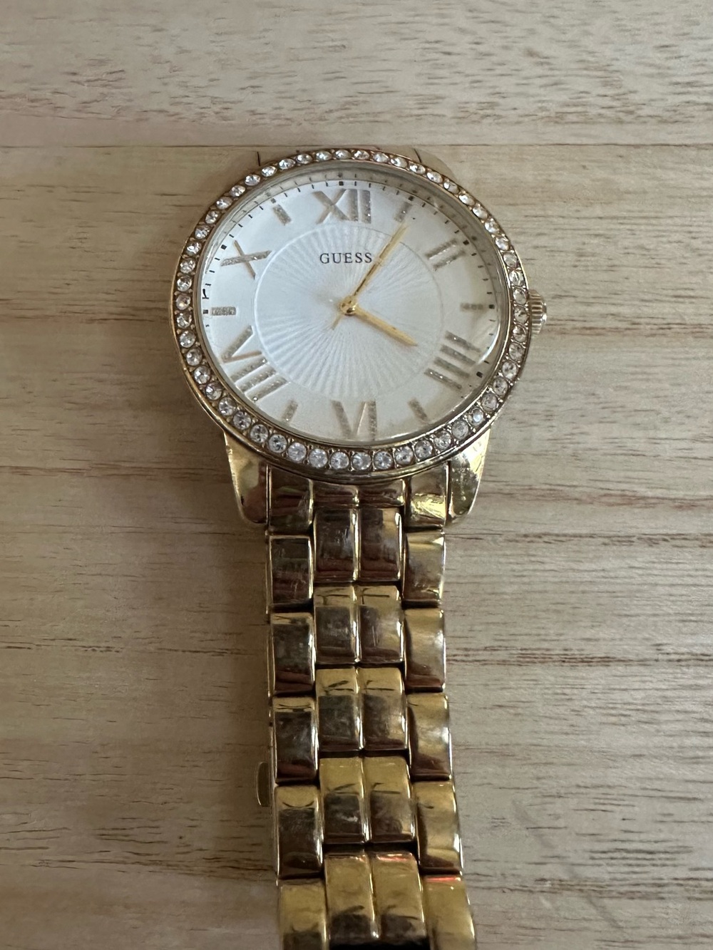 Guess Gold-Tone Crystal Bezel Watch with White Dial